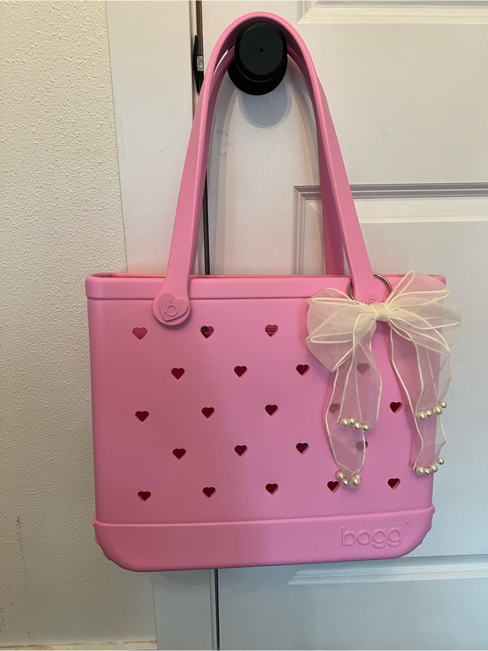 BOGG BAG Pink Taffy Cut Out Hearts Tote with Sheer Bow and Pearl Accents💕 - Picture 7 of 7